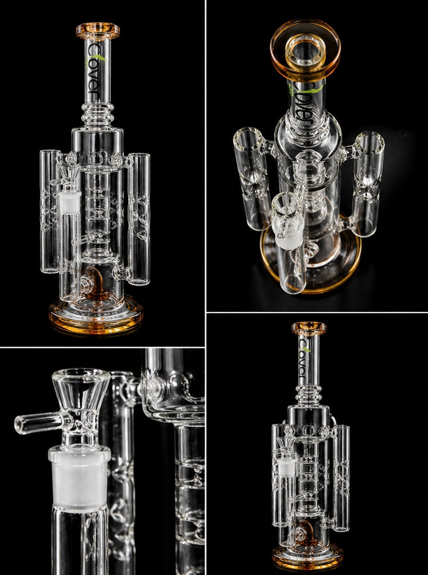 Clover Glass 14” Multi-Chamber Water Pipe – Crystal Flow Design (Amber)